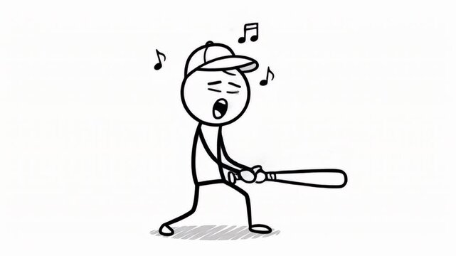 Animated Stick Figure Wearing a Cap Plays Baseball and Sings Energetically Against a Clean White Background with Musical Notes for a Fun and Whimsical Scene