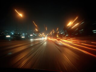 Fototapeta premium Night highway drive, city lights blur, wet road, motion blur