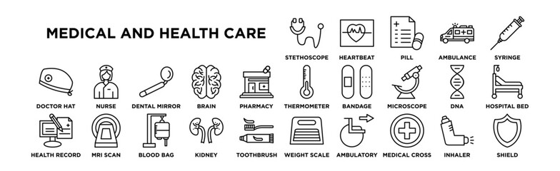 Medical And Health Care Icon Set. Editable Stroke Icon Collection. Stethoscope, Heartbeat, Pill, Ambulance, Syringe, Thermometer, Bandage, Microscope, DNA, Hospital Bed, Doctor Hat, Nurse, Dental Mir