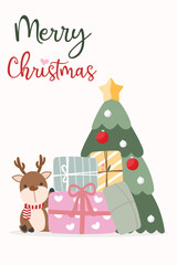 Cute reindeer with Christmas tree and gift box concept Merry Christmas and Happy new year. Cartoon character for Christmas card, background or element vector flat illustration.