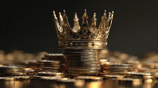 Golden Crown and Coins: A luxurious golden crown, perched atop a towering stack of gold coins, signifies wealth, power, and opulence.