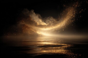 Fototapeta premium Ethereal Glow of Golden Dust in the Air with Reflective Water Surface and Dark Background