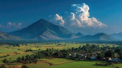 Expansive valley view, lush green fields, distant mountains under a dramatic cumulus cloud