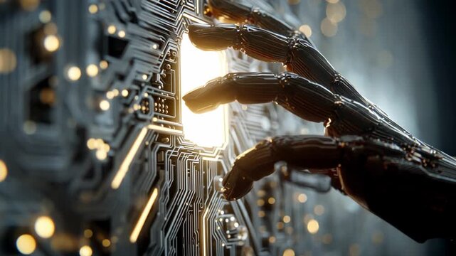 A human hand with anatomically correct fingers, reaching out to touch a large, glowing circuit board on a wall.
