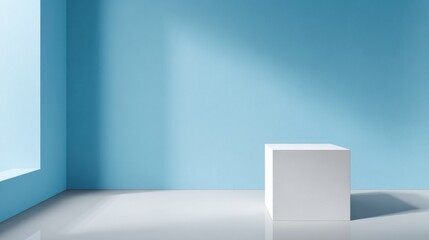 Fototapeta premium Clean Geometry: A minimalistic studio with a cube, bathed in soft daylight casting geometric shadows. A visually striking presentation that can be used for various creative projects.