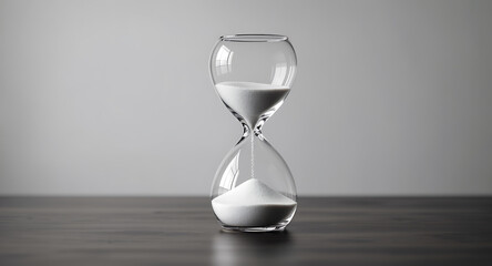 A minimalist and clean studio shot of an hourglass with white sand flowing, symbolizing the passage of time against a grey background and dark wooden surface - Generative AI