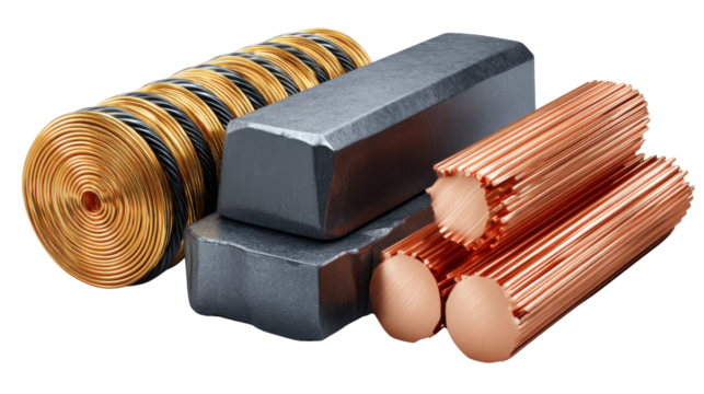 Raw Material Components: A close-up showcases an assortment of industrial raw materials, each piece representing an element in manufacturing. Focus on textures, colors, and shapes of materials.