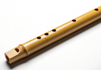 Naklejka premium Bamboo flute resting on a white surface in a studio setting, showcasing its warm color and simple construction, evoking a sense of tranquility.