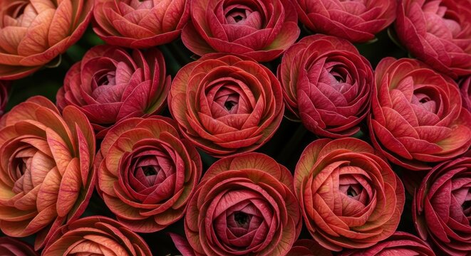 Close-up of a cluster of vibrant, ruffled blooms in shades of red, pink, and orange, creating a dense and textured floral arrangement