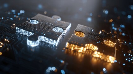 Digital Connectivity: Two interconnected puzzle pieces, subtly illuminated with electric hues, symbolize the fusion of technology and problem-solving in a photorealistic composition.