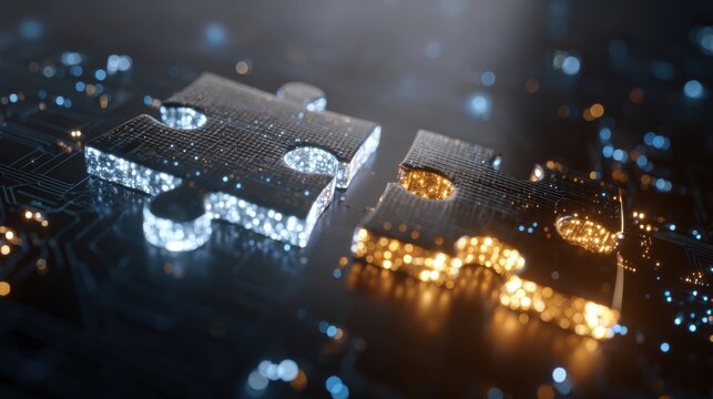 Digital Connectivity: Two interconnected puzzle pieces, subtly illuminated with electric hues, symbolize the fusion of technology and problem-solving in a photorealistic composition. - Powered by Adobe