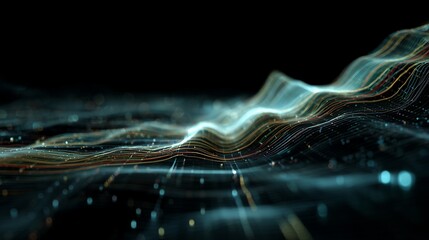 Vibrant blue fractal wave patterns stream across a dark digital space backdrop