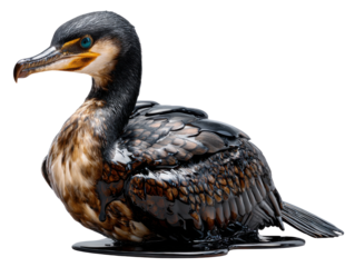 Contaminated Cormorant: A grim reminder of the impact on wildlife, this image captures a cormorant, coated in crude oil.
