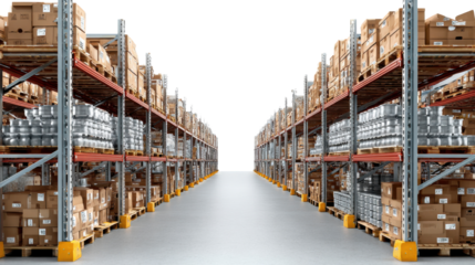 Warehouse Storage: rows of shelves laden with packages, creating a visual representation of logistics, inventory management, and supply chain efficiency.