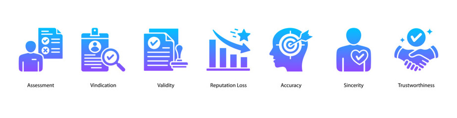 Truth and Review web banner icon vector illustration featuring Assessment, Vindication, Validity, Reputation Loss, Accuracy, Sincerity, and Trustworthiness.