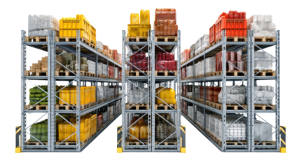 Warehouse Shelving System: A comprehensive warehouse racking system, fully loaded with a variety of goods. Highlighting an organized and efficient storage solution for logistics and distribution. 
