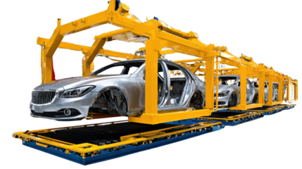Automotive Assembly: An elevated view of a car assembly line, highlighting the precision and technology involved in modern automotive manufacturing processes.