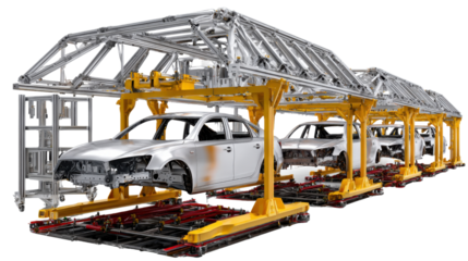 Automobile Assembly Line: A high-angle perspective reveals a modern automobile assembly line.