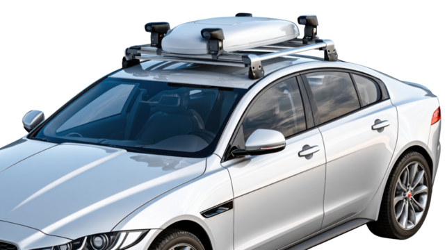 Car with Storage System: A sleek, silver car is equipped with a secure storage system, ready for an adventurous journey. The image showcases the functionality and style of this practical upgrade.