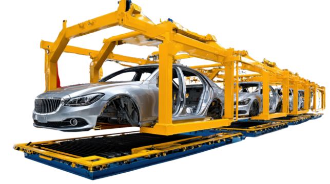 Automotive Assembly: An elevated view of a car assembly line, highlighting the precision and technology involved in modern automotive manufacturing processes.