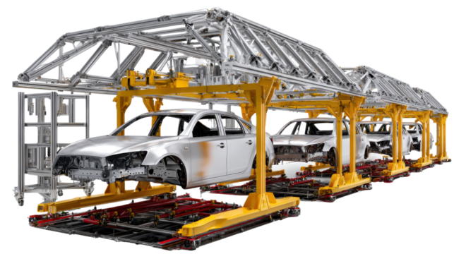 Automobile Assembly Line: A high-angle perspective reveals a modern automobile assembly line.
