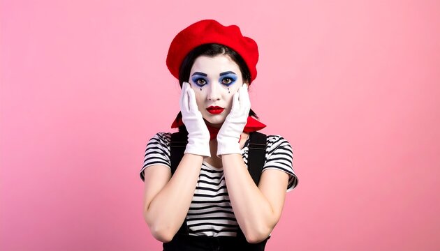 Sad mime portrait against pink