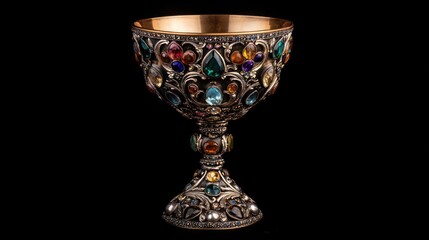 Ornate ceremonial chalice, electrum and silver, encrusted with gemstones that pulse with soft, internal light, isolated object, cinematic lighting