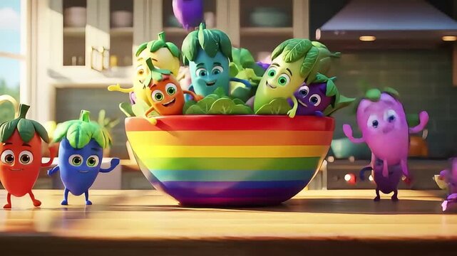 Joyful Animated Vegetables Leap into a Vibrant Rainbow Bowl in a Bright Modern Kitchen Setting