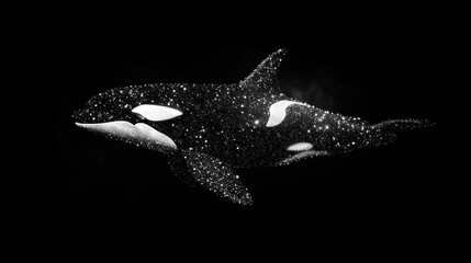 Fototapeta premium Orca (Killer Whale), its black patches are voids absorbing light, white patches glow with faint starlight, surreal cosmic void/light texture, dramatic contrast lighting