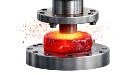 Forging Metal: A close-up view captures the intense heat and controlled force of industrial metal forging, with molten metal undergoing a transformation, in a striking display of power and precision.