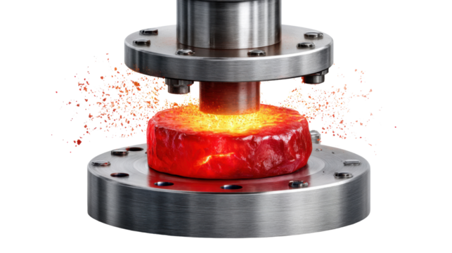 Forging Metal: A close-up view captures the intense heat and controlled force of industrial metal forging, with molten metal undergoing a transformation, in a striking display of power and precision.