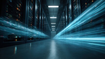 Digital Network Corridor: A cutting-edge data center corridor, with servers lining the walls and illuminated streams of information flowing through.