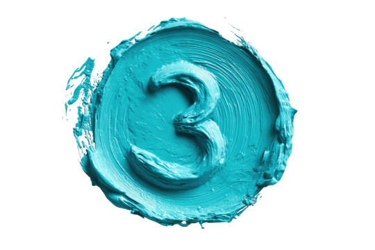 Teal paint-splattered number three, circular