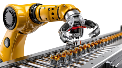 Robotic arm production line: A cutting-edge, yellow robotic arm precisely picks up and places product components on a high-tech assembly line, showcasing innovation and efficiency in manufacturing.