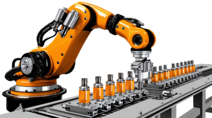 Automated Precision: A high-tech robotic arm meticulously handles objects on an industrial assembly line. It exemplifies precision engineering and automation.