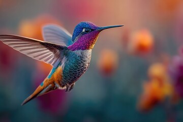Obraz premium Colorful hummingbird in flight amidst vibrant flowers (1)