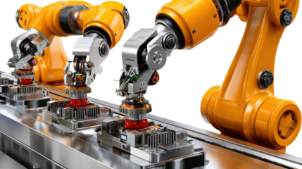 Robotics in the Modern Factory: Robotic arms precisely manipulate components on an industrial assembly line. This showcases the advancement of automation and production processes.