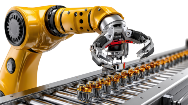 Robotic arm production line: A cutting-edge, yellow robotic arm precisely picks up and places product components on a high-tech assembly line, showcasing innovation and efficiency in manufacturing.
