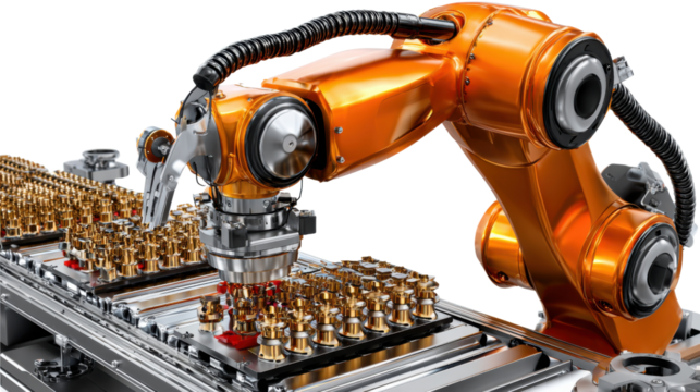 Robotic Arm in Production: This image showcases an industrial robotic arm precisely manipulating components on an assembly line.