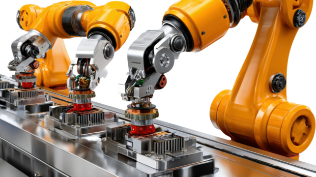 Robotics in the Modern Factory: Robotic arms precisely manipulate components on an industrial assembly line. This showcases the advancement of automation and production processes.