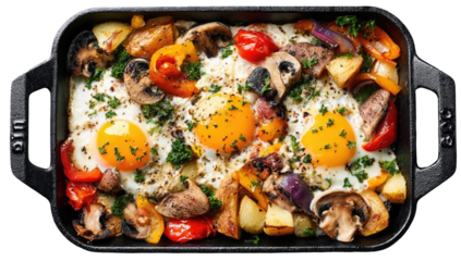 Baked breakfast casserole with eggs, potatoes, vegetables, and bacon in a cast iron pan