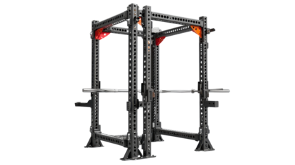 Gym Squat Rack: A heavy-duty squat rack for weight training is displayed in a modern gym, offering a robust framework for exercise enthusiasts to perform squats and other exercises. 