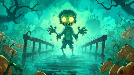 Cartoon zombie standing on a bridge in a pumpkin patch under a spooky green sky at halloween time halloween art