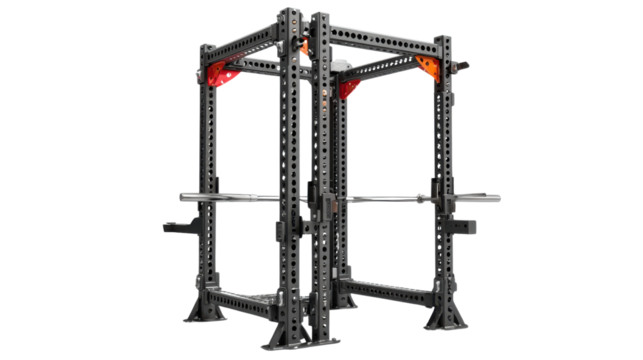 Gym Squat Rack: A heavy-duty squat rack for weight training is displayed in a modern gym, offering a robust framework for exercise enthusiasts to perform squats and other exercises. 