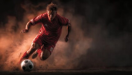 Dynamic soccer player dribbling ball in dramatic stadium dust