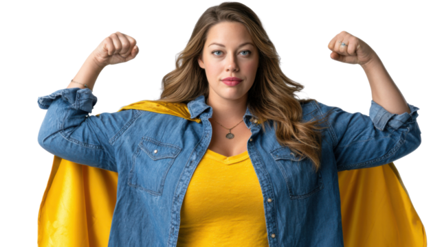 She's a Superhero: A strong woman strikes a confident pose, showcasing her strength and determination with a vibrant superhero cape.