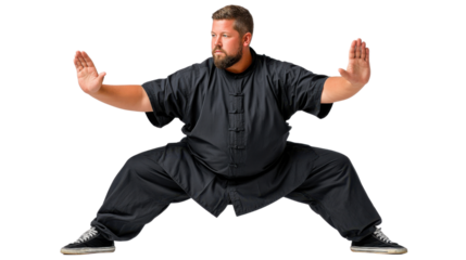 Serene Martial Art: A man practices the ancient art of Tai Chi, a peaceful, low-impact martial art, with open arms. Experience the internal peace of Qigong meditation, promoting holistic health.