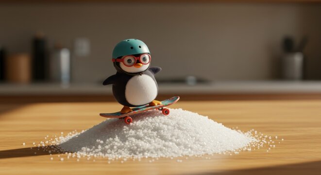 Penguin figurine, helmeted and glasses, skateboards on a white pile, atop a wooden surface - Powered by Adobe