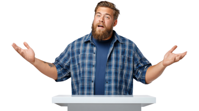 Uncertainty Embodied: A man with beard and casual shirt stands behind a minimalist white table, arms outstretched in a gesture of confusion or openness. The scene evokes a sense of curiosity.