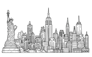 Hand-drawn vector illustration of a cityscape, sharp black lines on a clean white background. Simple yet modern composition of urban buildings in a straight-on view, perfect for graphic design or city